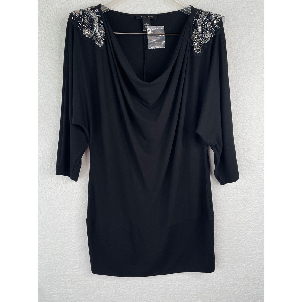 White House Black Market Medium Black Cowl Neck Embellished‎ Dolman Mini / Top